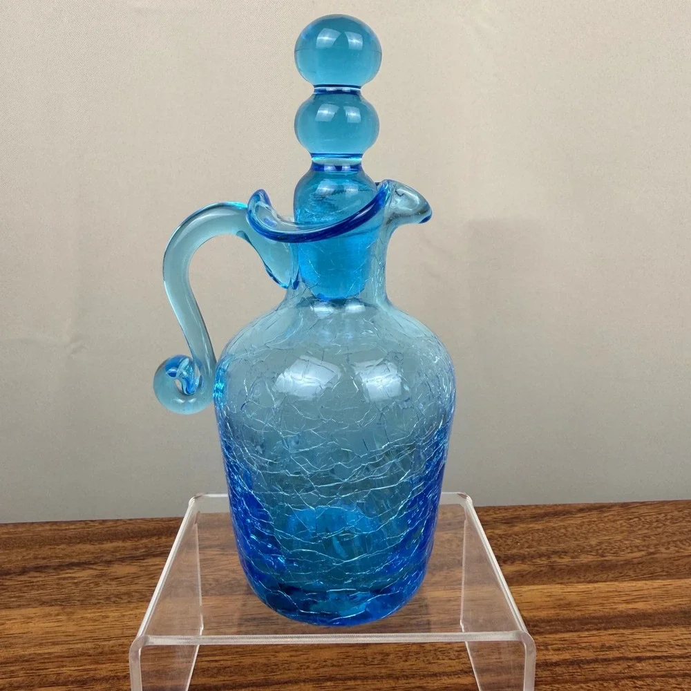 Vintage Blue Crackle Glass Decanter Mini Pitcher Cruet with Ball Stopper 6.5in